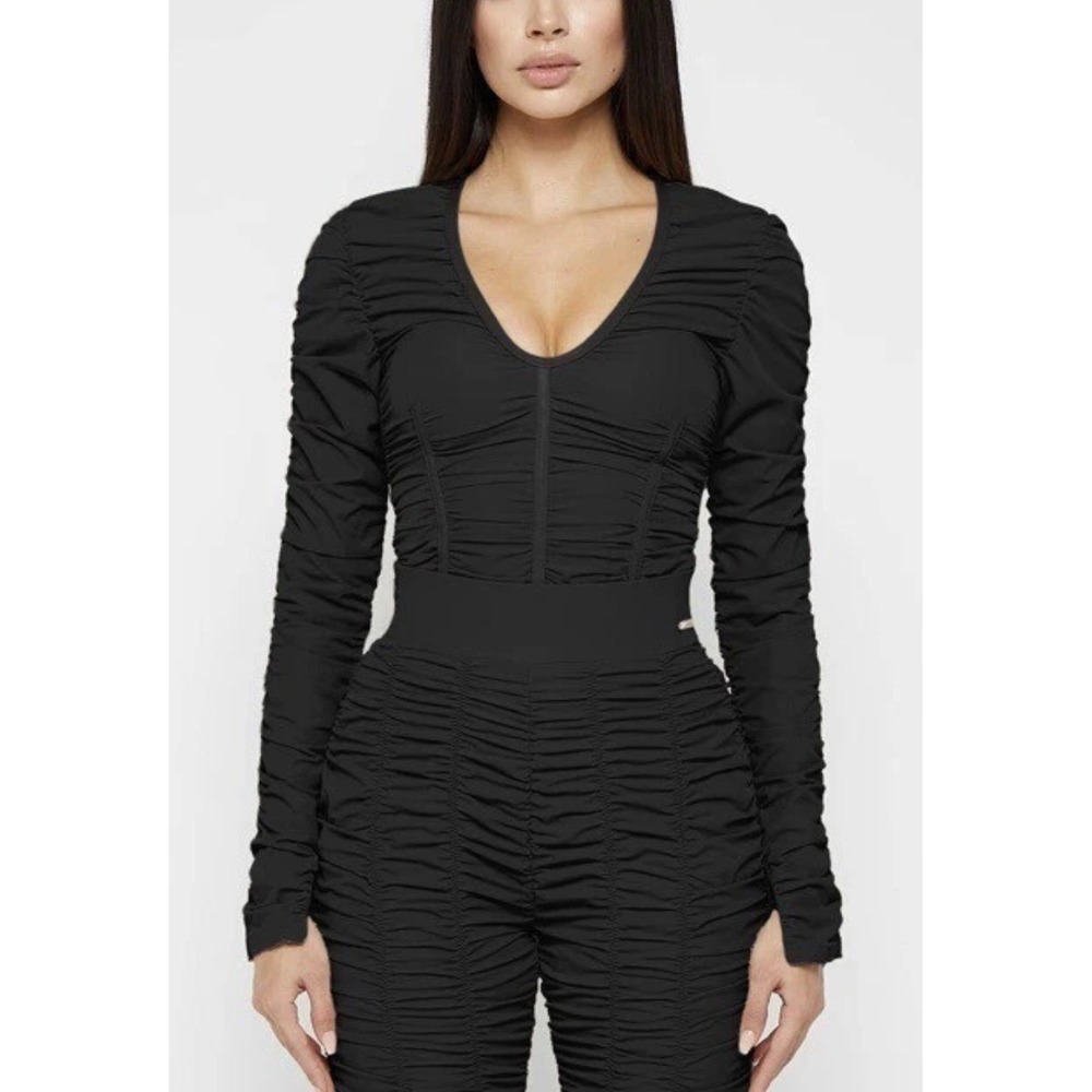 MANIERE DE VOIR Black Ruched Long Sleeve Bodysuit V Neck Zipper Detail Size 4
